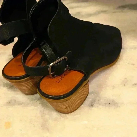 Lucky Brand Womens 9 Jubai Bootie Sandal Black Leather Open Toe - Picture 6 of 9
